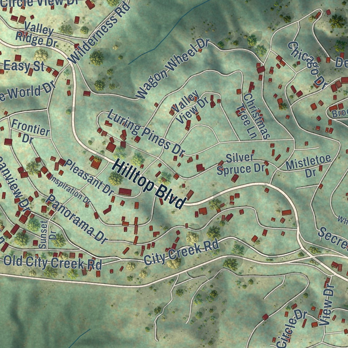 Close-up of the map of Running Springs, California print showing street and building detail