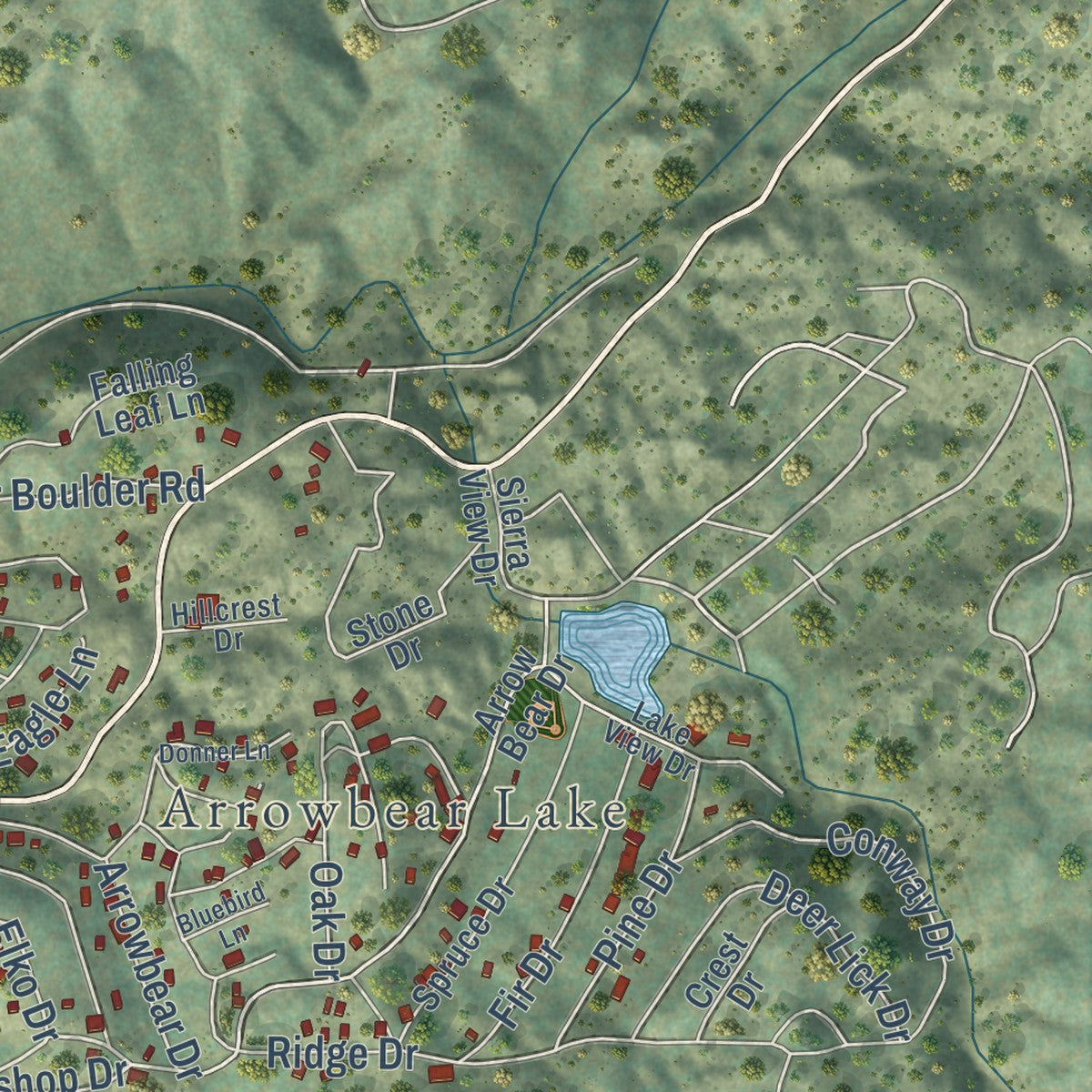 Second close-up of the map of Running Springs, California print showing more streets and buildings