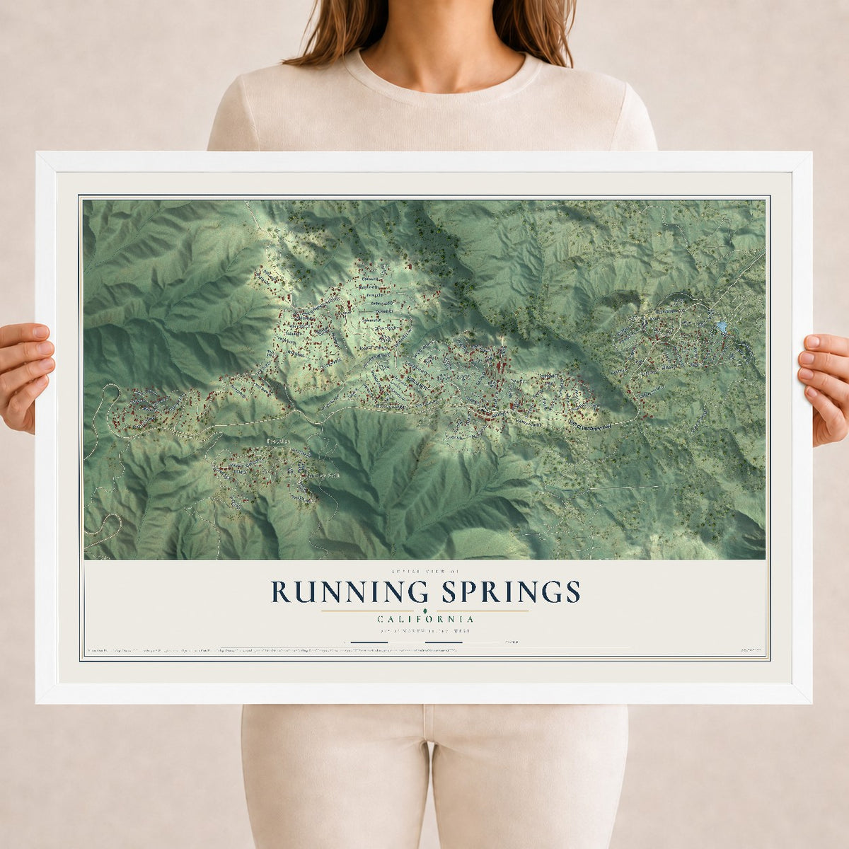 Map of Running Springs, California, 18 x 24 inch print in a white wood frame