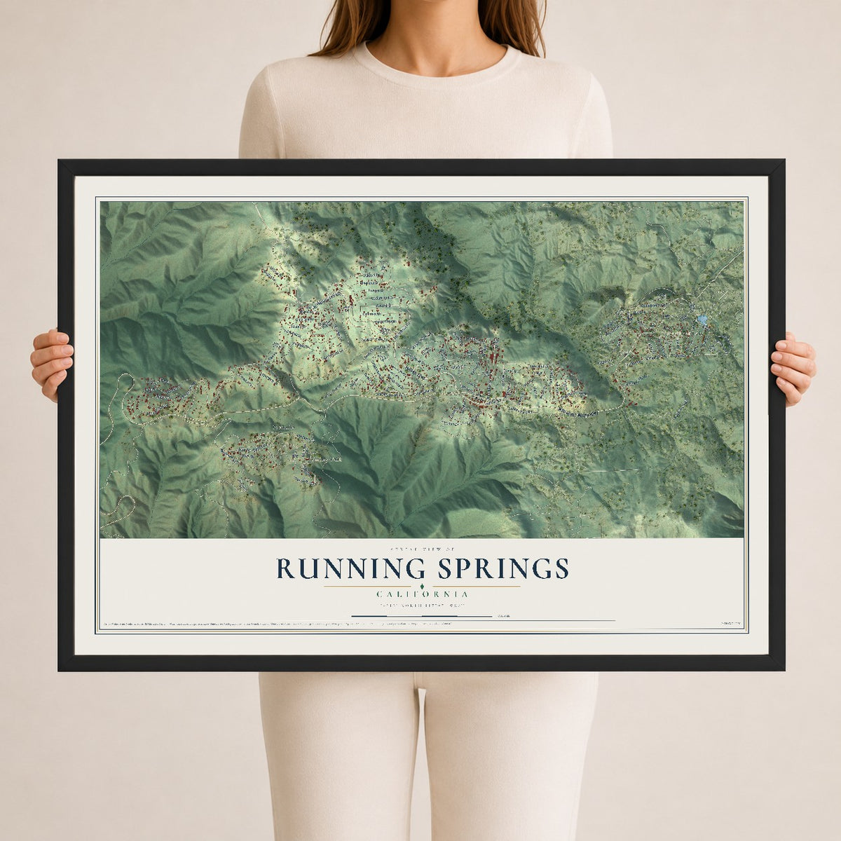 Map of Running Springs, California, 24 x 36 inch print in a black wood frame