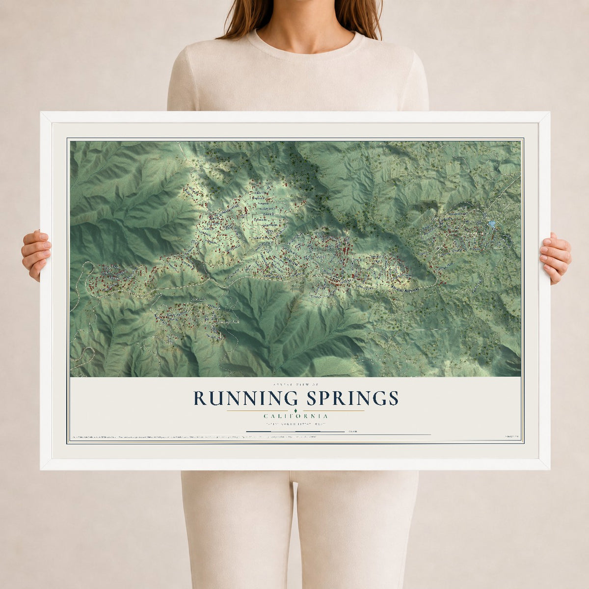 Map of Running Springs, California, 24 x 36 inch print in a white wood frame