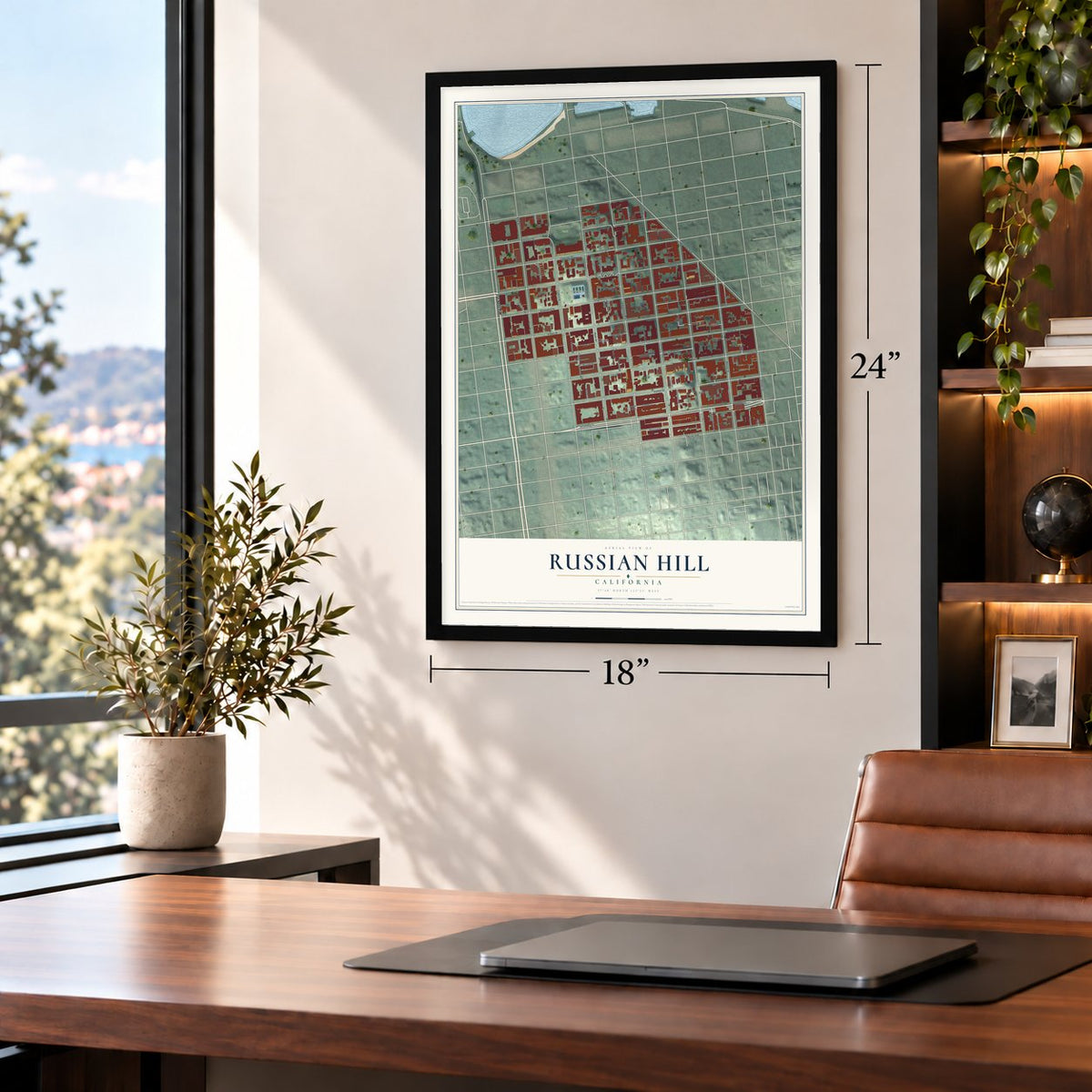 Russian Hill, California map, 18 x 24 inch print in a black frame in a home office