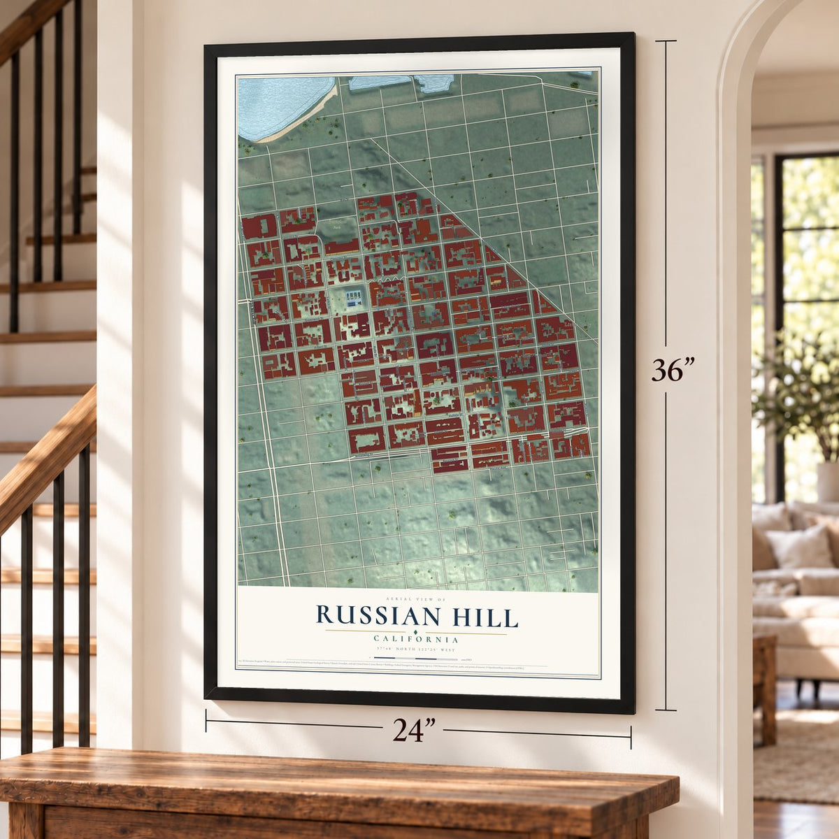 Russian Hill, California map, 24 x 36 inch print in a black frame by a staircase