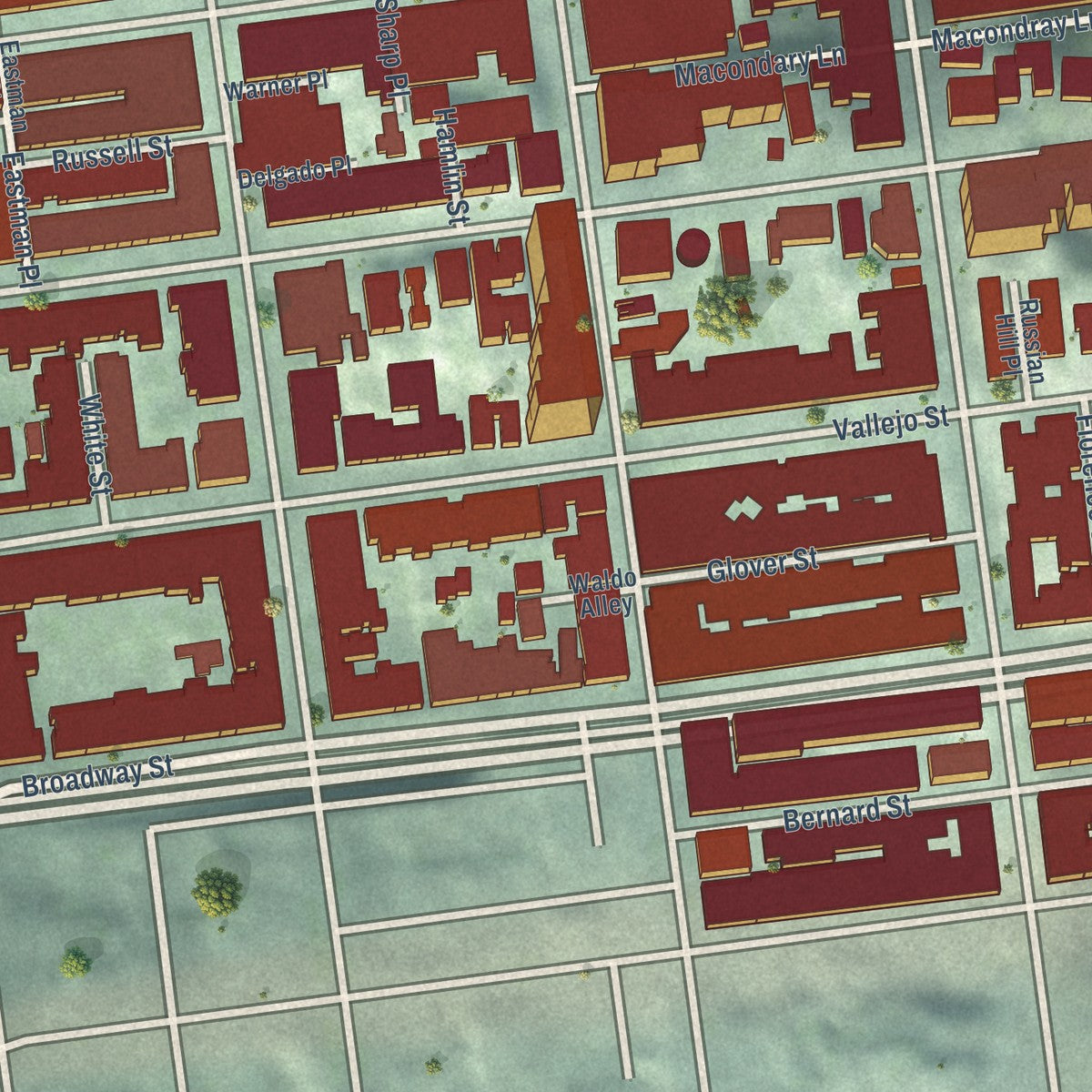 Close-up of the map of Russian Hill, California print showing street and building detail