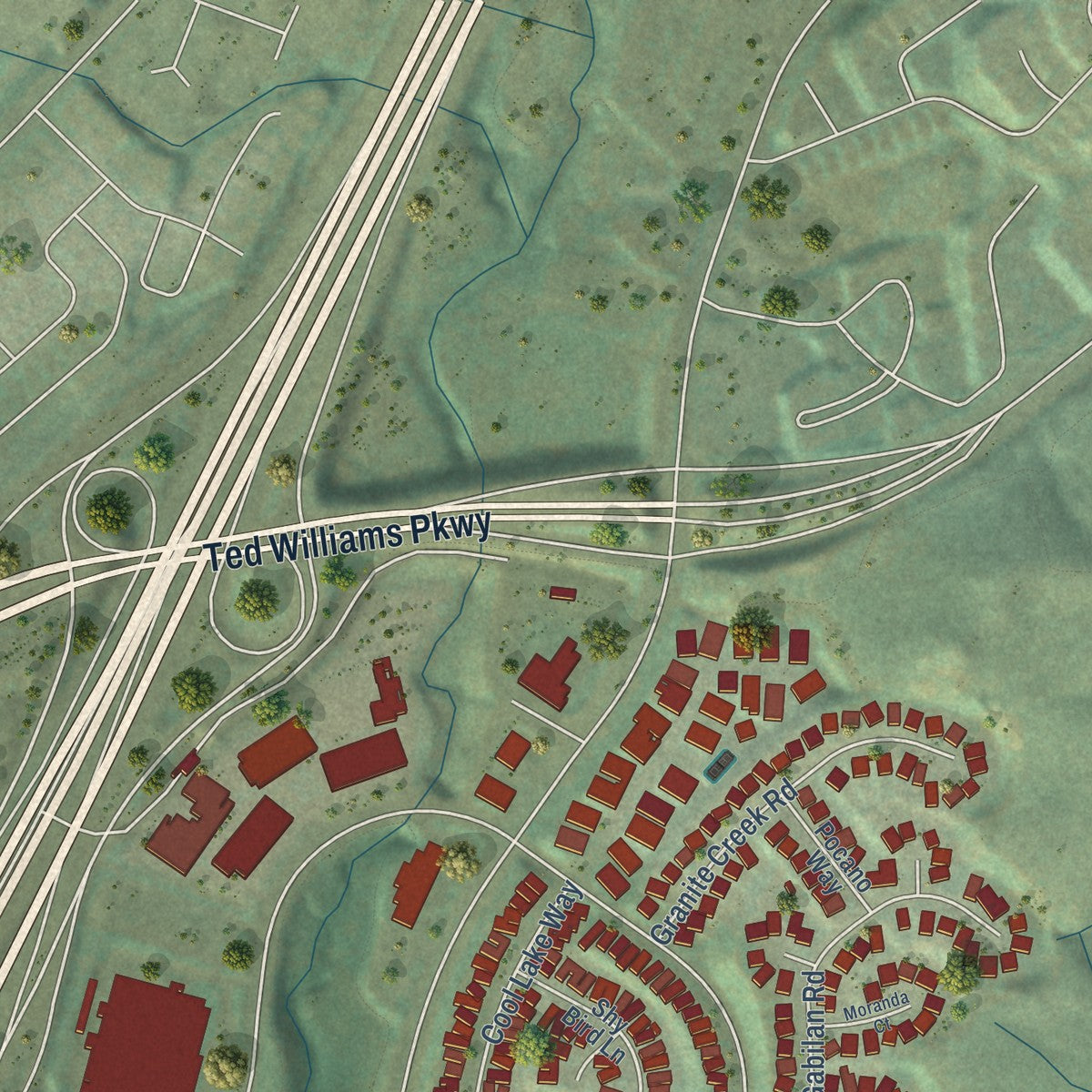 Close-up of the map of Sabre Springs, California print showing street and building detail