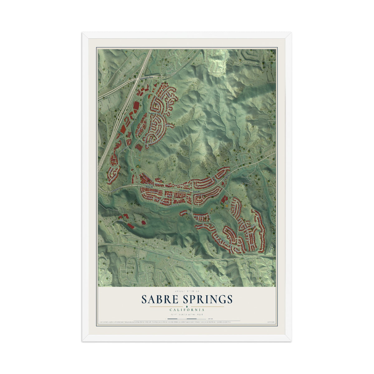 Map of Sabre Springs, California, 12 x 18 inch print in a white wood frame