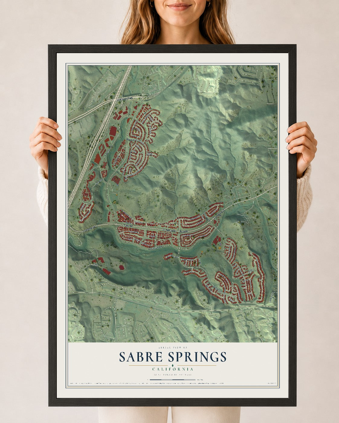 Map of Sabre Springs, California, 24 x 36 inch print in a black wood frame