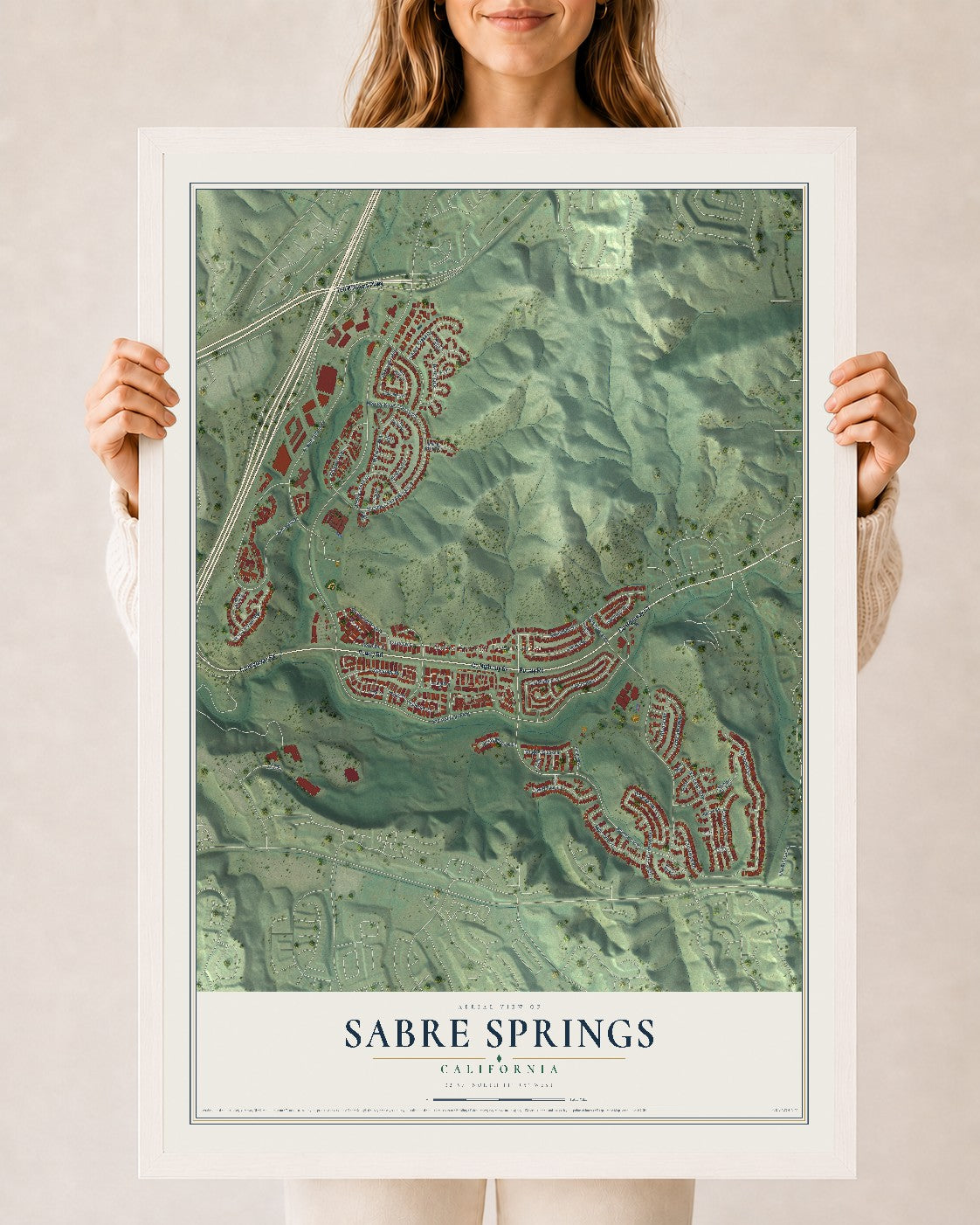 Map of Sabre Springs, California, 24 x 36 inch print in a white wood frame