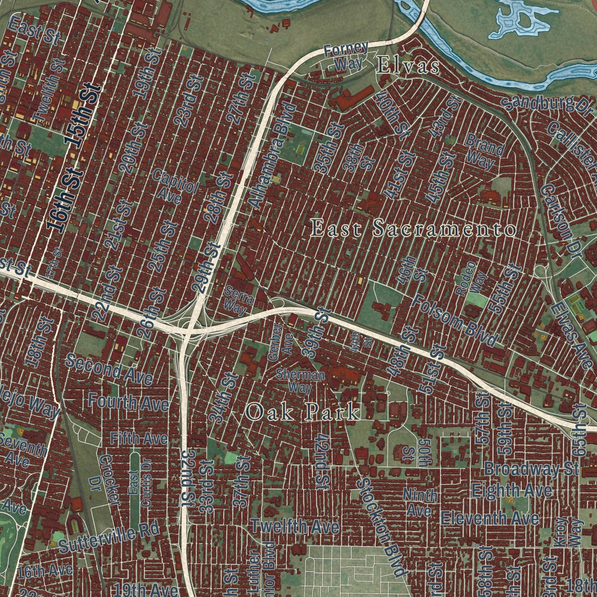 Close-up of the map of Sacramento, California print showing street and building detail