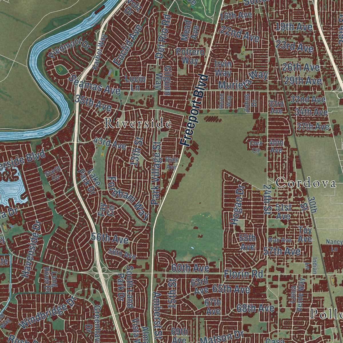 Second close-up of the map of Sacramento, California print showing more streets and buildings