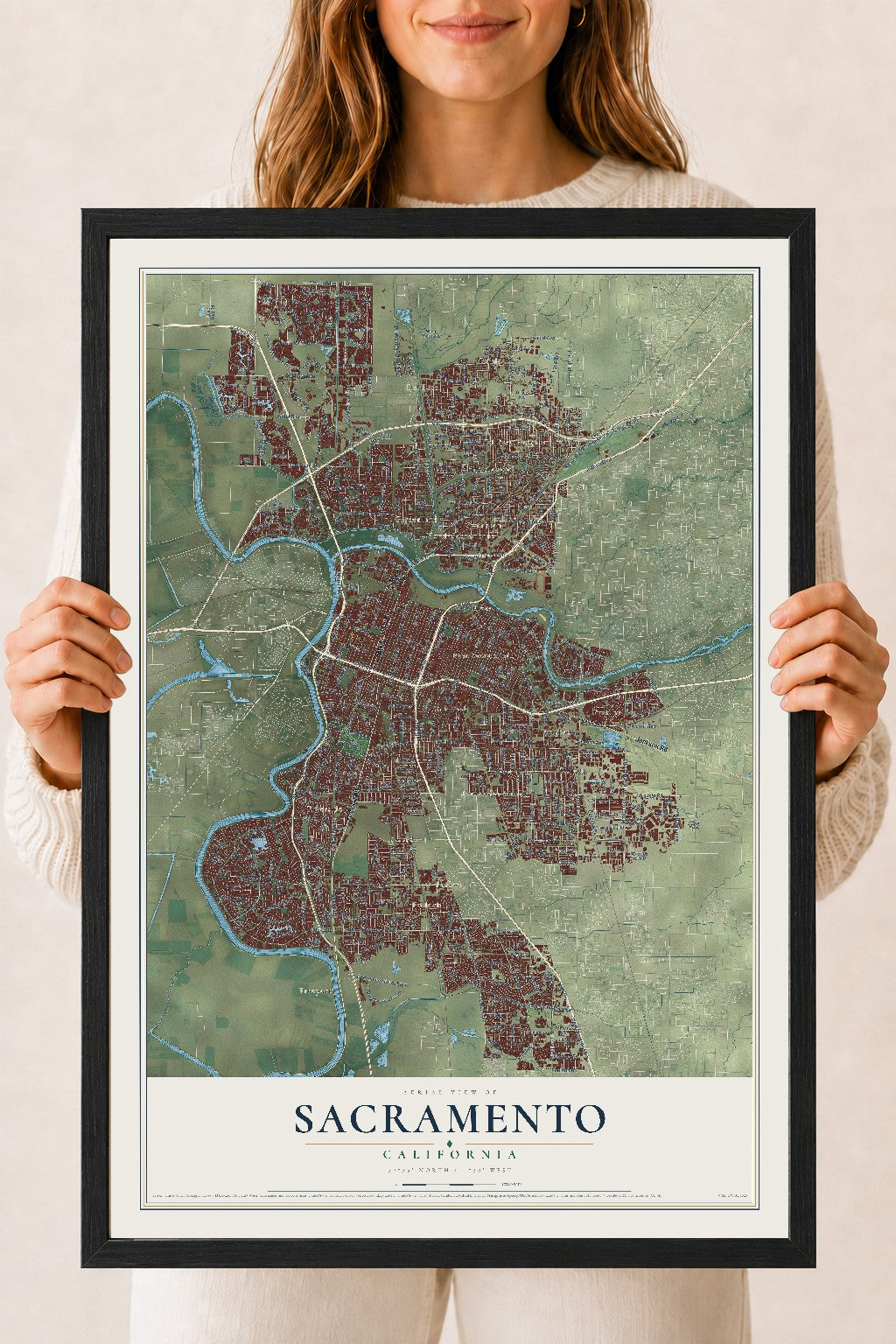 Map of Sacramento, California, 18 x 24 inch print in a black wood frame