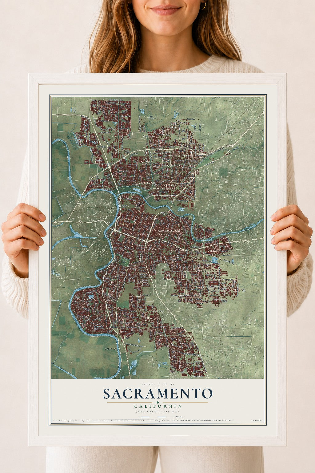 Map of Sacramento, California, 18 x 24 inch print in a white wood frame