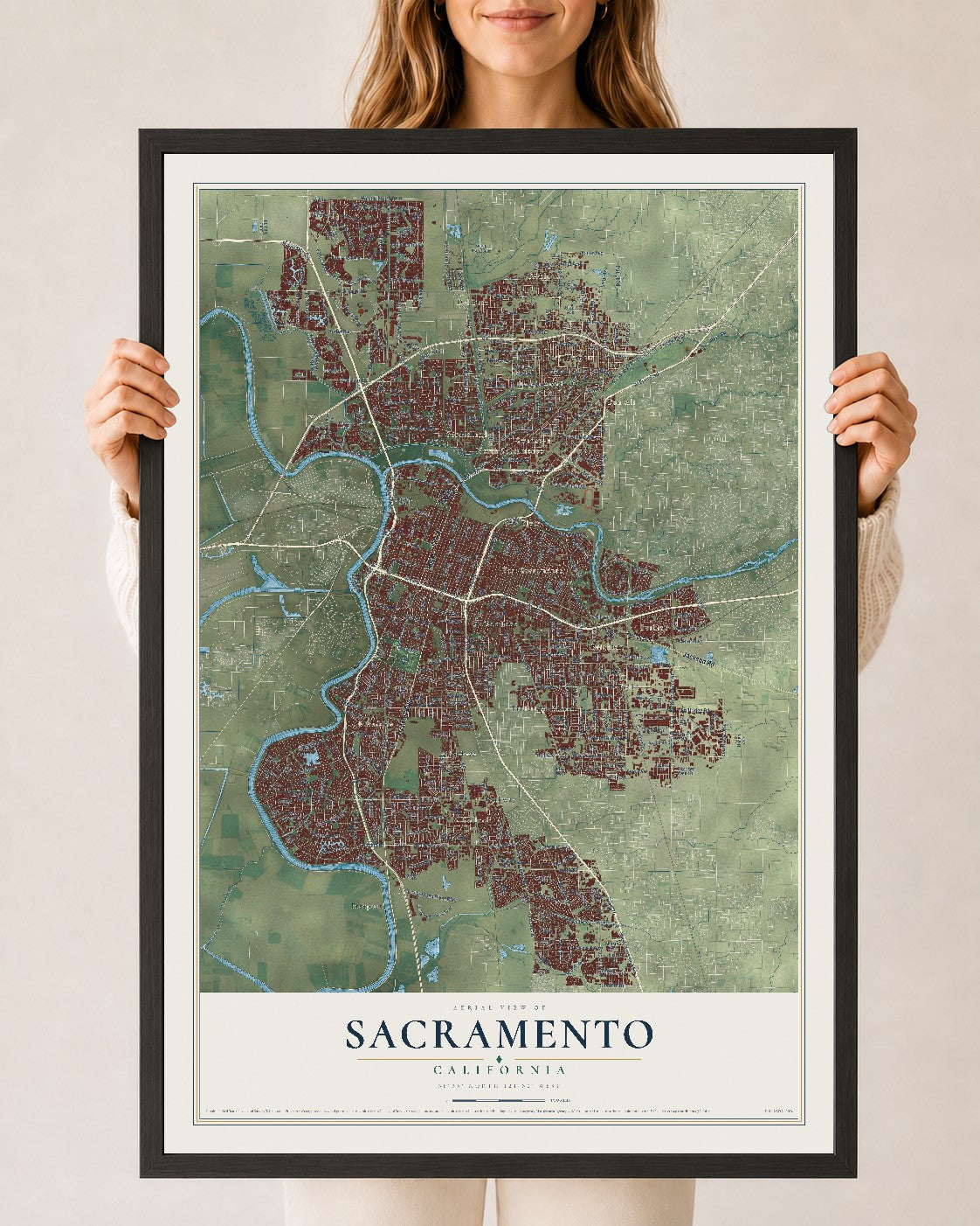 Map of Sacramento, California, 24 x 36 inch print in a black wood frame