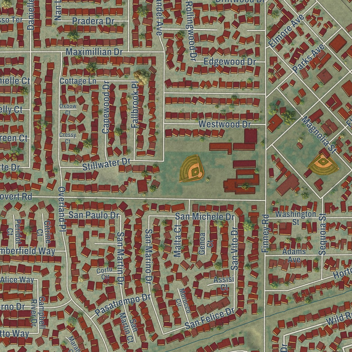 Close-up of the map of Salida, California print showing street and building detail