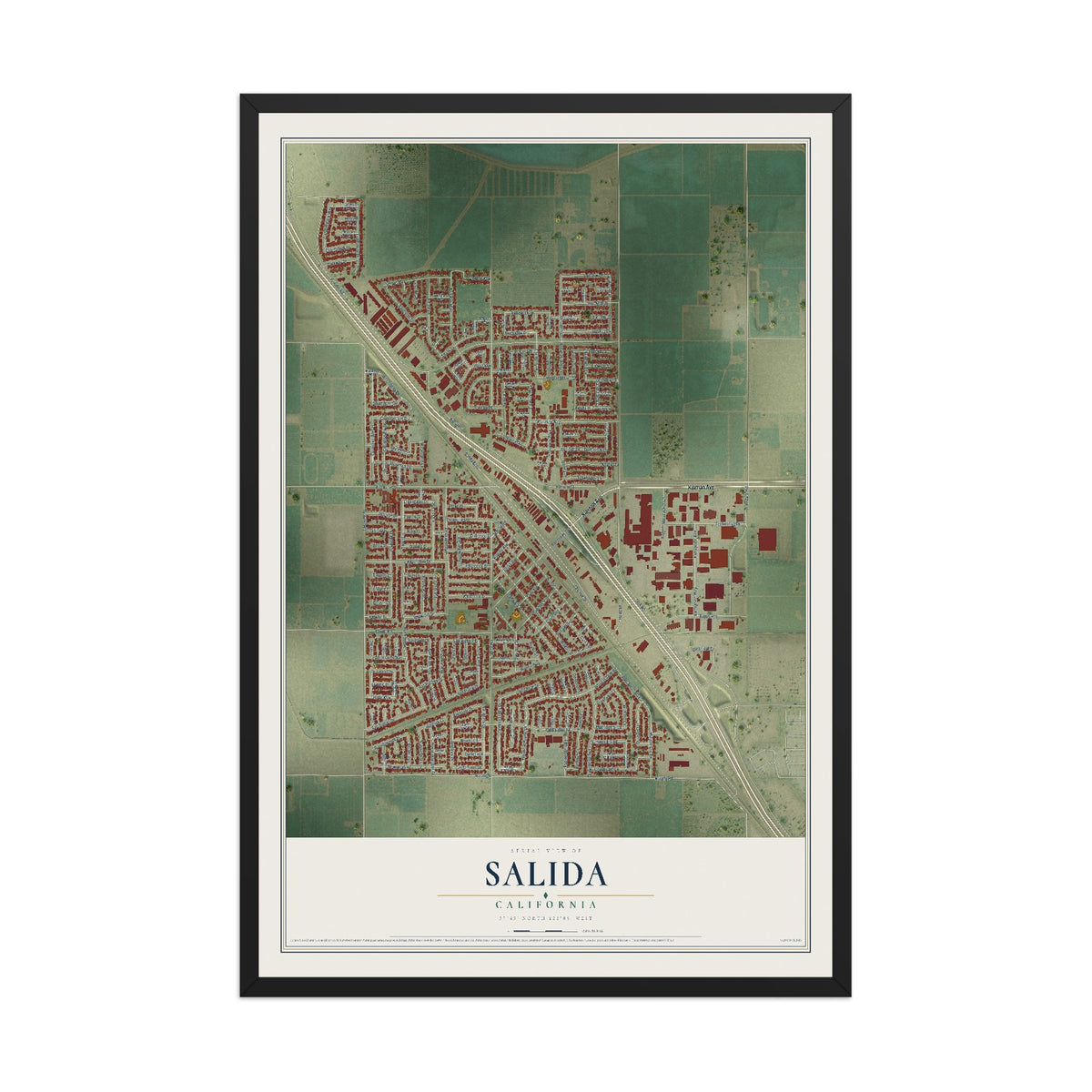 Map of Salida, California, 12 x 18 inch print in a black wood frame