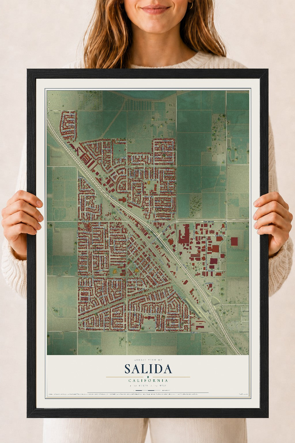 Map of Salida, California, 18 x 24 inch print in a black wood frame