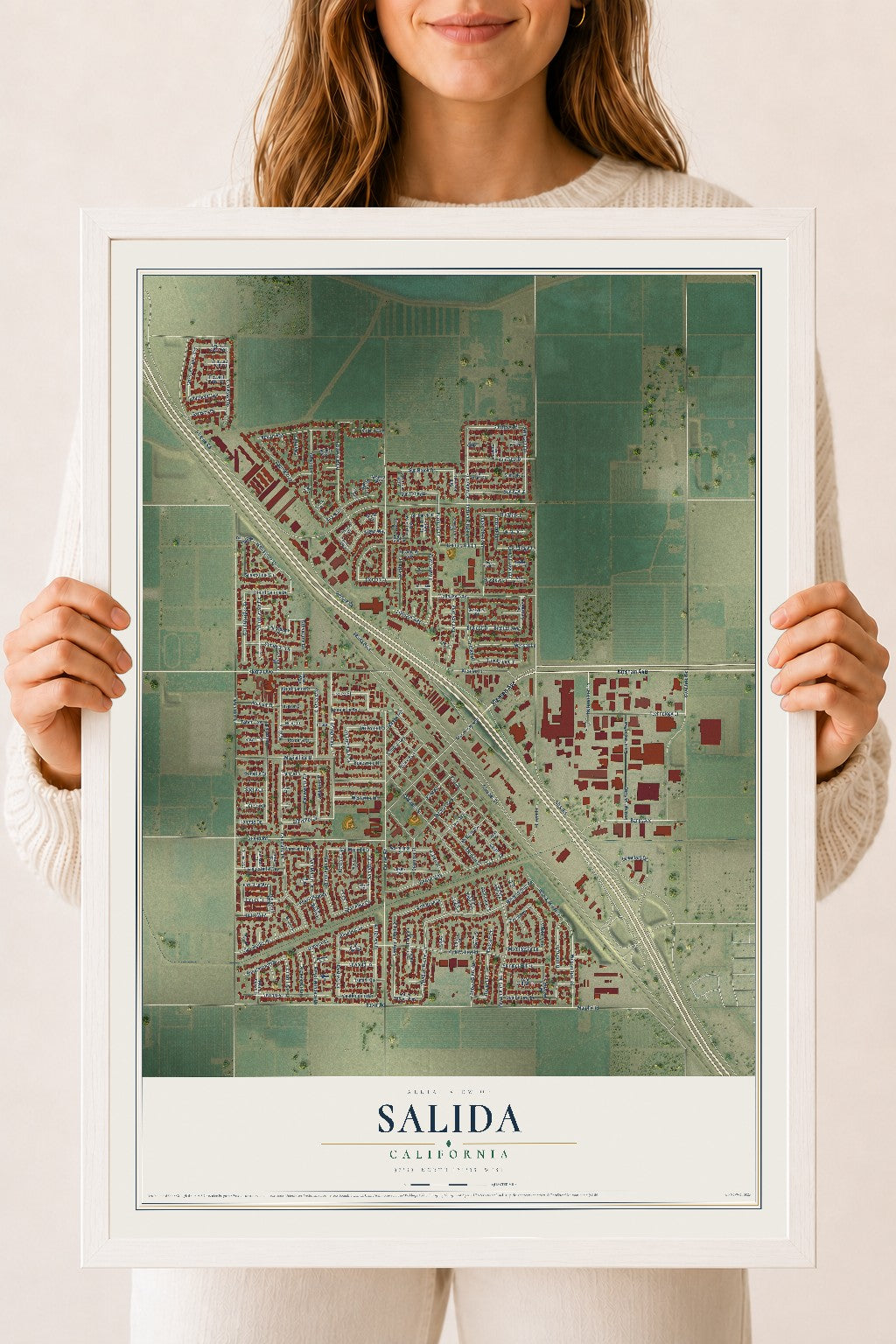 Map of Salida, California, 18 x 24 inch print in a white wood frame