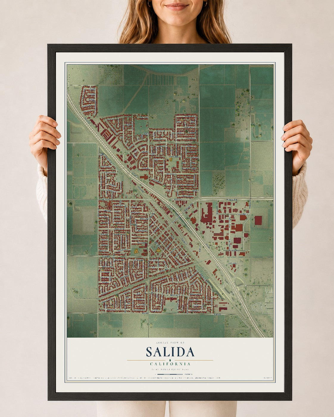 Map of Salida, California, 24 x 36 inch print in a black wood frame