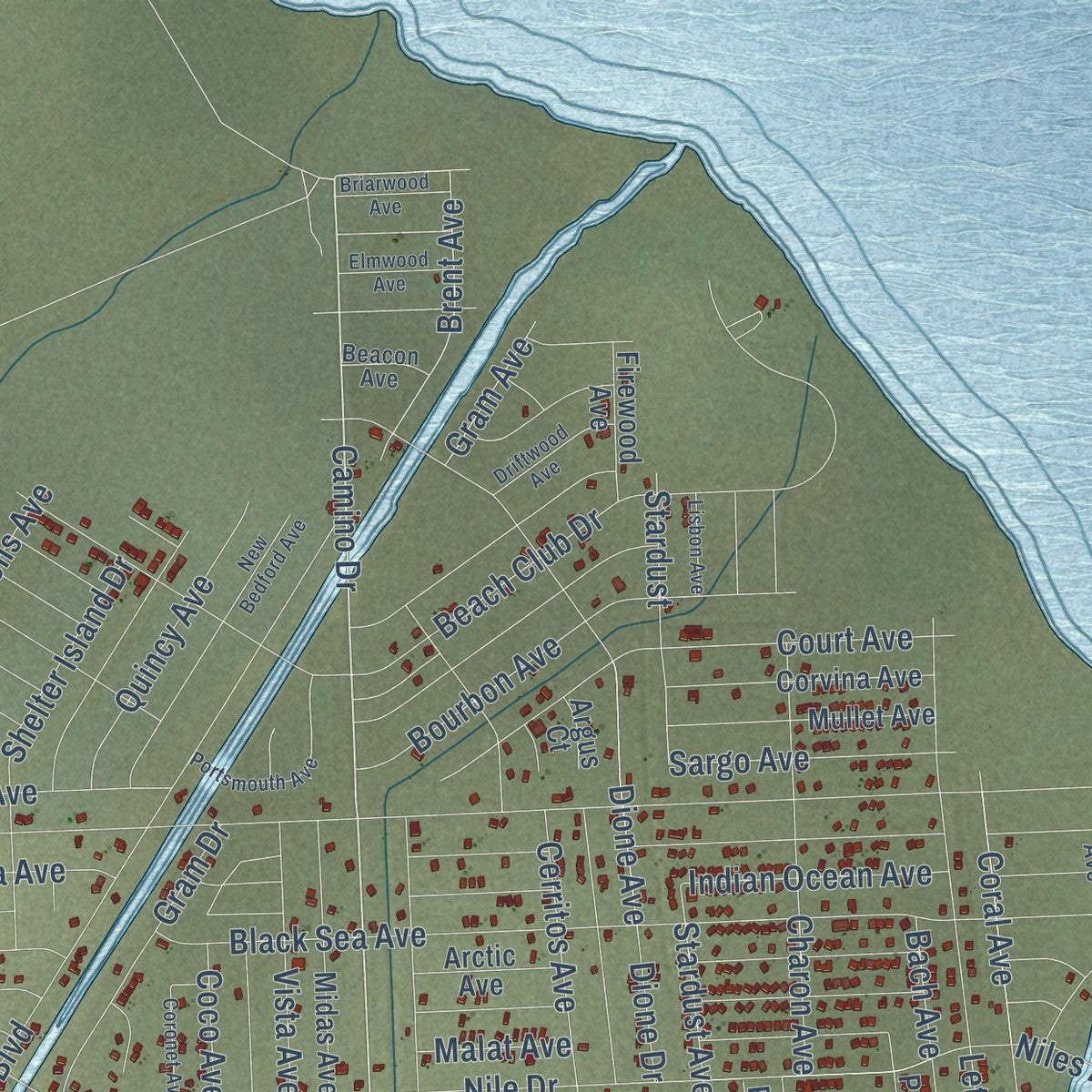 Second close-up of the map of Salton City, California print showing more streets and buildings