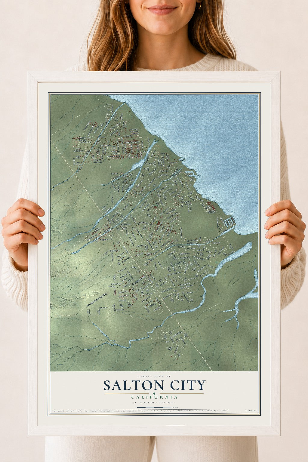 Map of Salton City, California, 18 x 24 inch print in a white wood frame