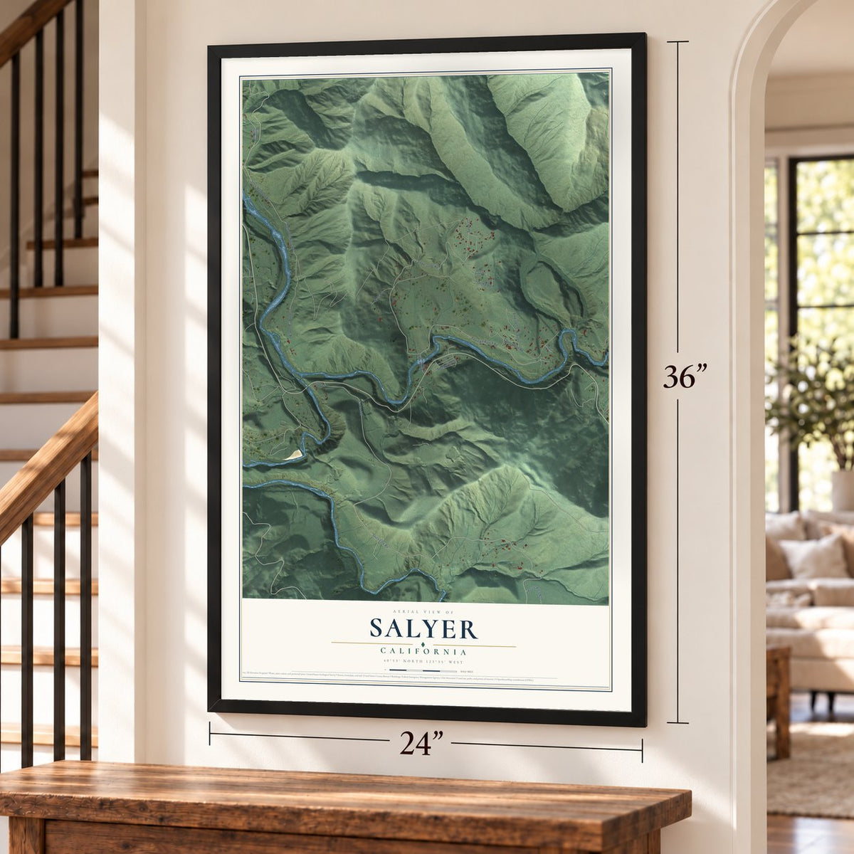 Salyer, California map, 24 x 36 inch print in a black frame by a staircase