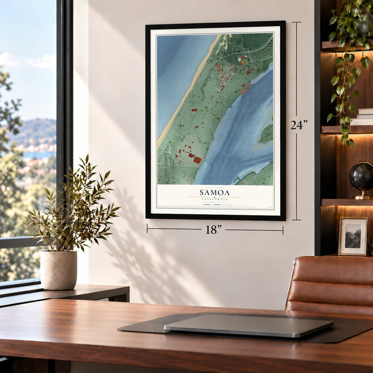 Samoa, California map, 18 x 24 inch print in a black frame in a home office