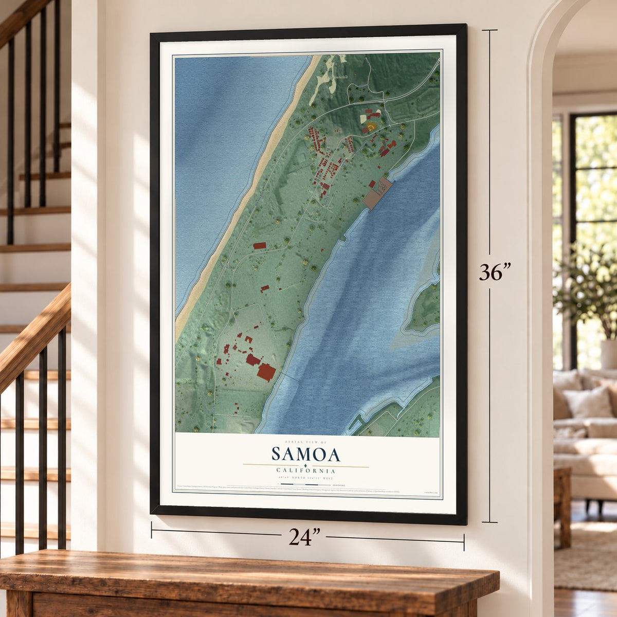 Samoa, California map, 24 x 36 inch print in a black frame by a staircase