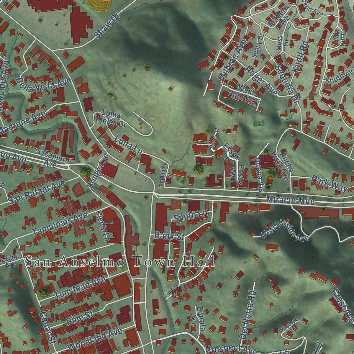 Second close-up of the map of San Anselmo, California print showing more streets and buildings