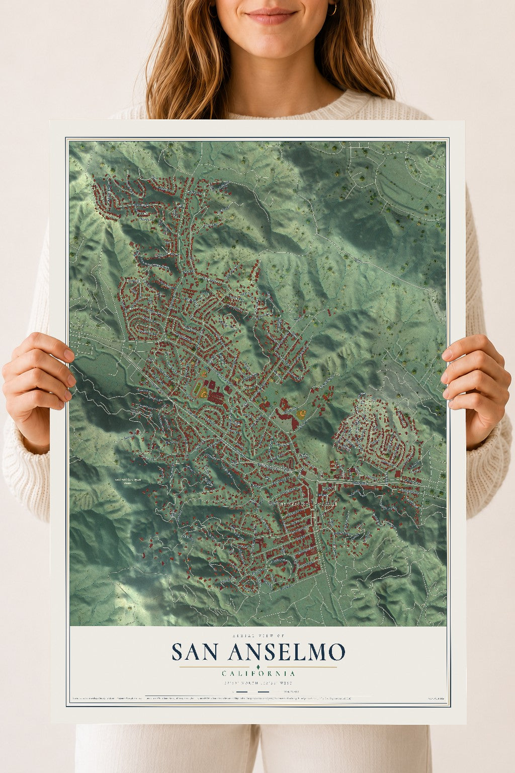 Map of San Anselmo, California, 18 x 24 inch unframed archival matte print