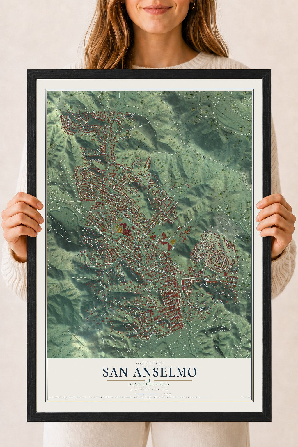 Map of San Anselmo, California, 18 x 24 inch print in a black wood frame