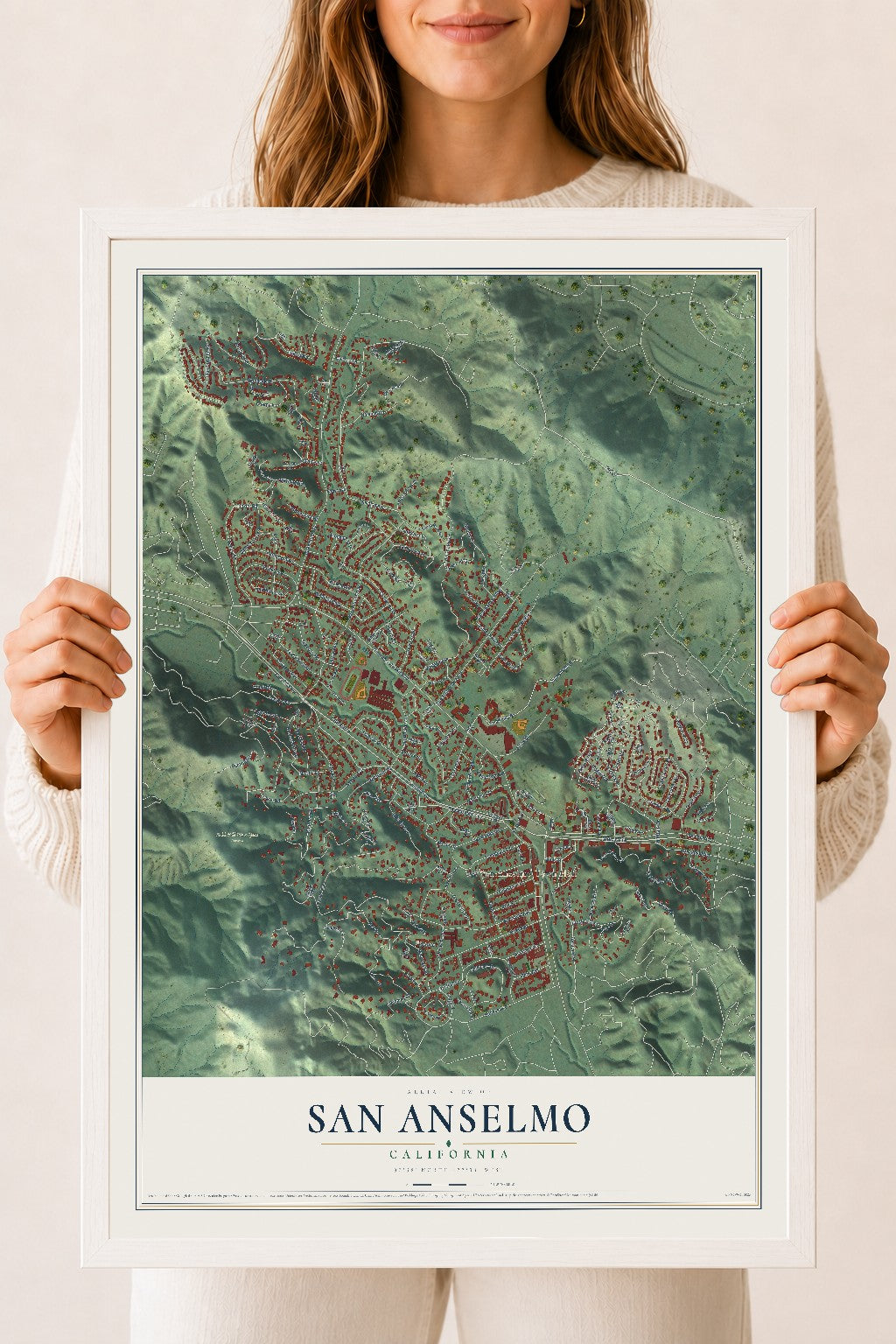 Map of San Anselmo, California, 18 x 24 inch print in a white wood frame