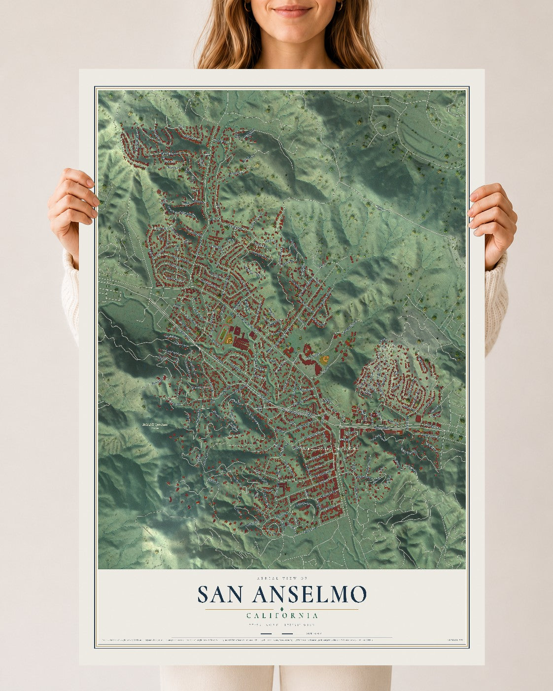 Map of San Anselmo, California, 24 x 36 inch unframed archival matte print
