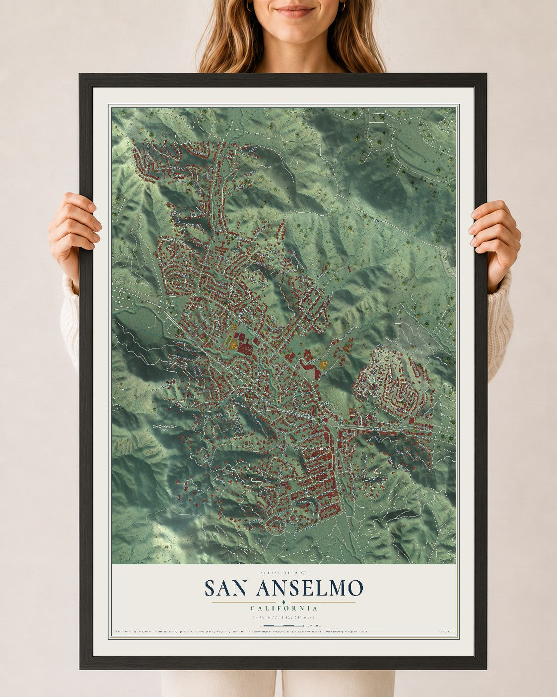 Map of San Anselmo, California, 24 x 36 inch print in a black wood frame