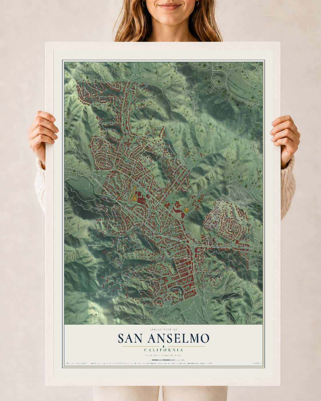 Map of San Anselmo, California, 24 x 36 inch print in a white wood frame