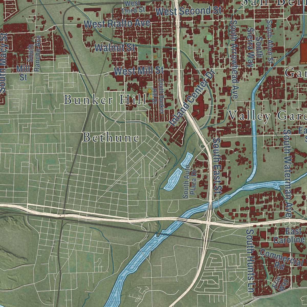 Second close-up of the map of San Bernardino, California print showing more streets and buildings
