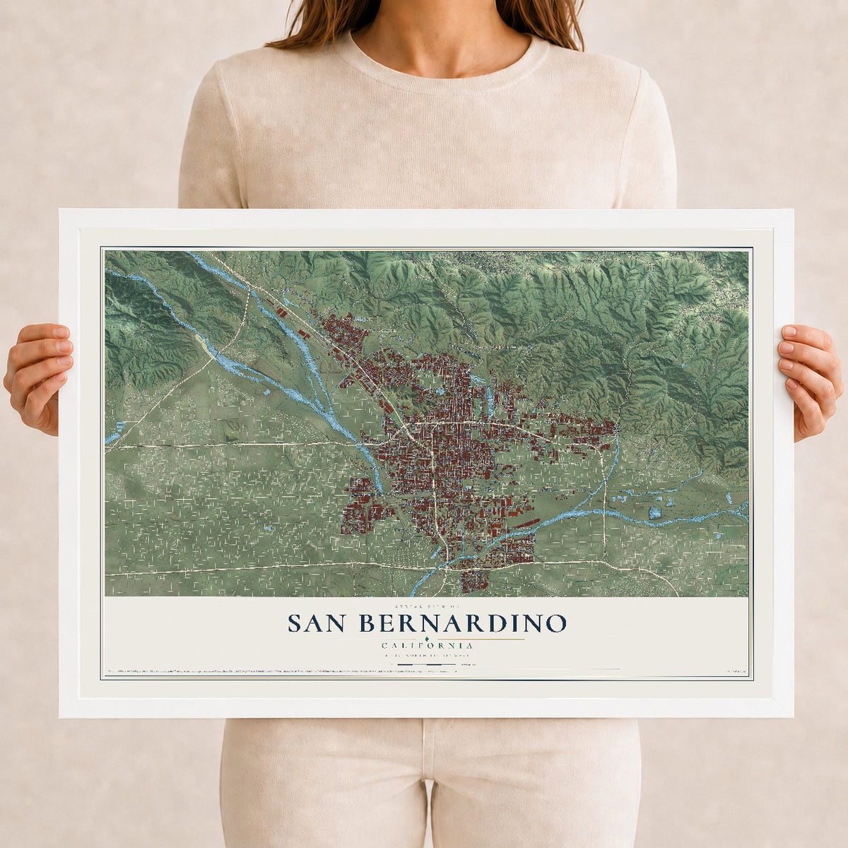 Map of San Bernardino, California, 12 x 18 inch print in a white wood frame