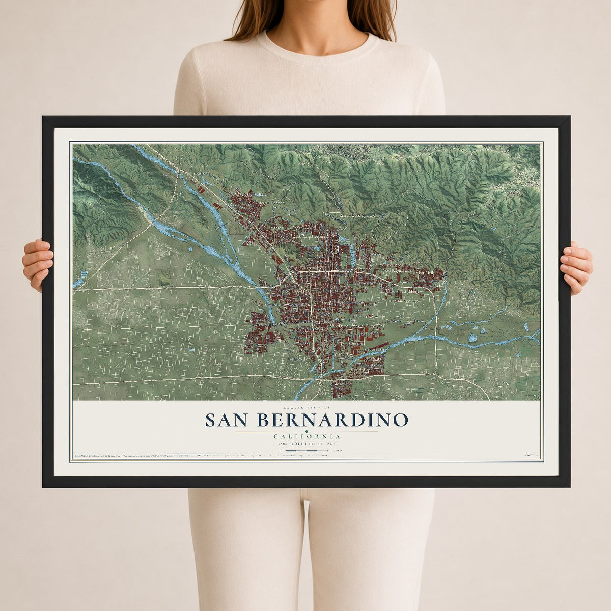 Map of San Bernardino, California, 24 x 36 inch print in a black wood frame
