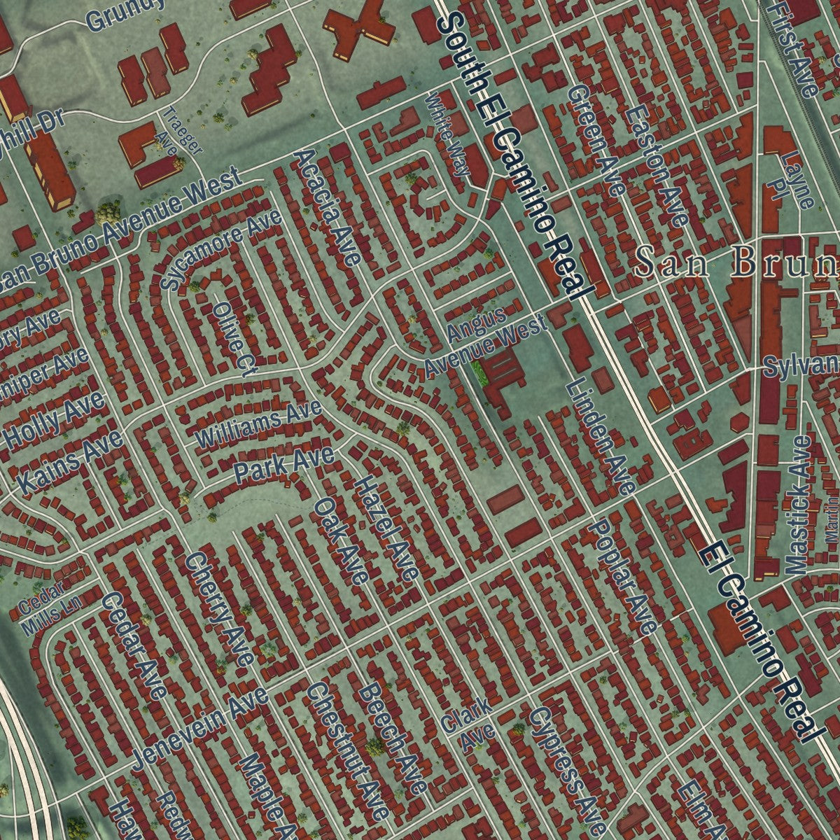 Close-up of the map of San Bruno, California print showing street and building detail