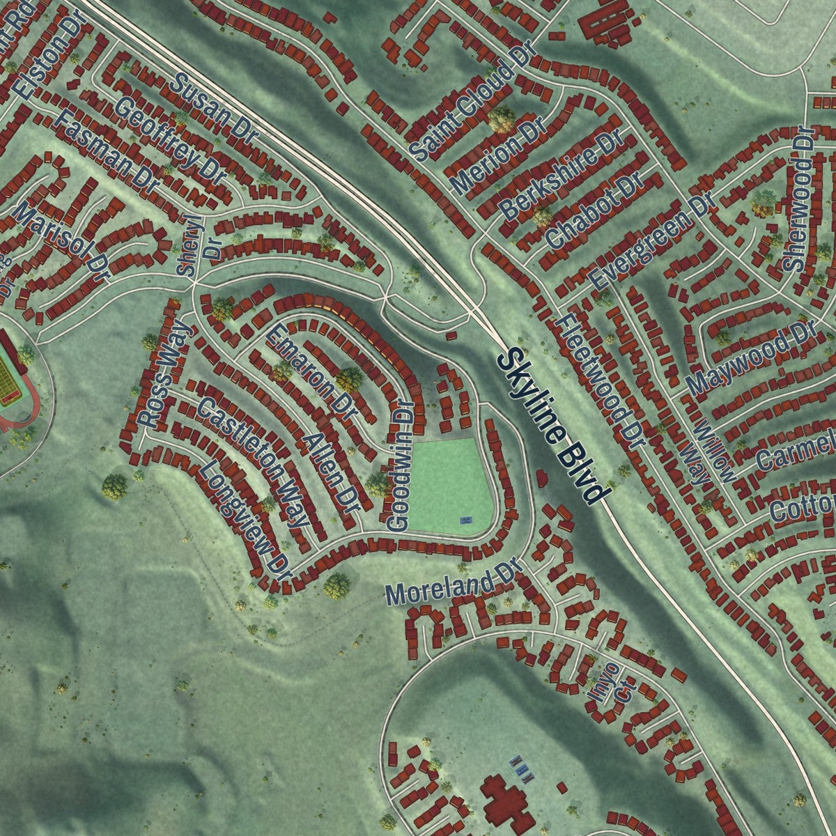 Second close-up of the map of San Bruno, California print showing more streets and buildings