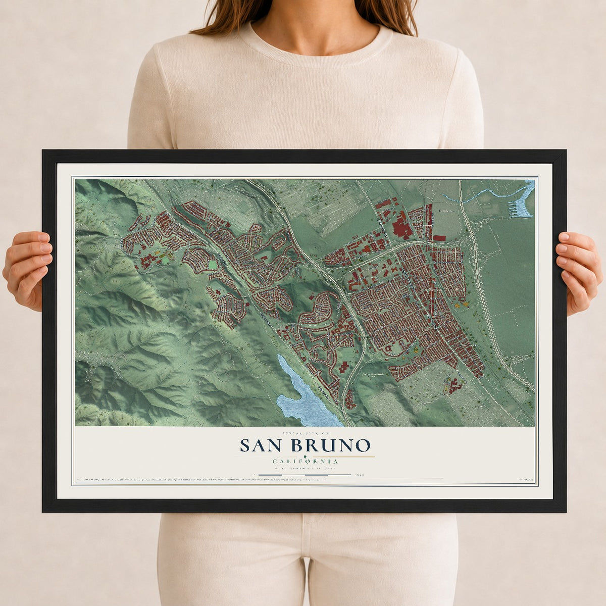 Map of San Bruno, California, 12 x 18 inch print in a black wood frame