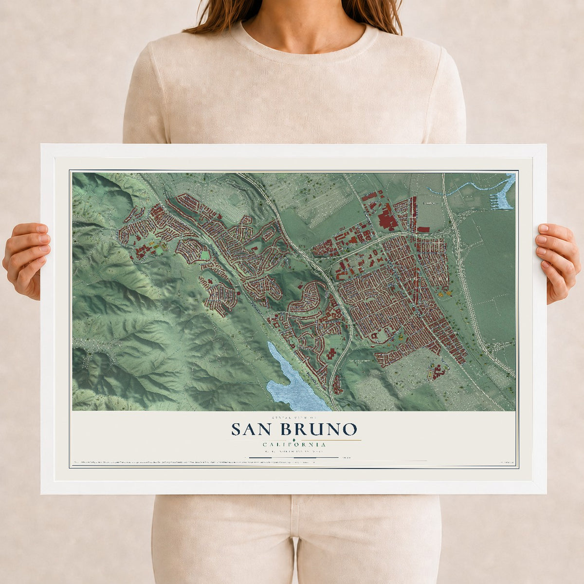 Map of San Bruno, California, 12 x 18 inch print in a white wood frame
