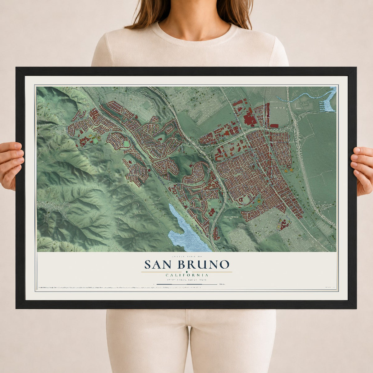 Map of San Bruno, California, 18 x 24 inch print in a black wood frame