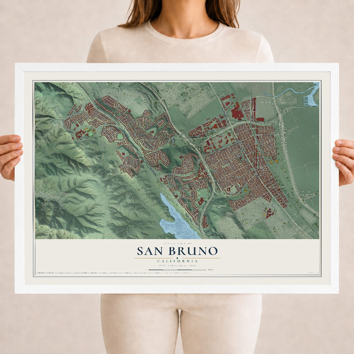 Map of San Bruno, California, 18 x 24 inch print in a white wood frame