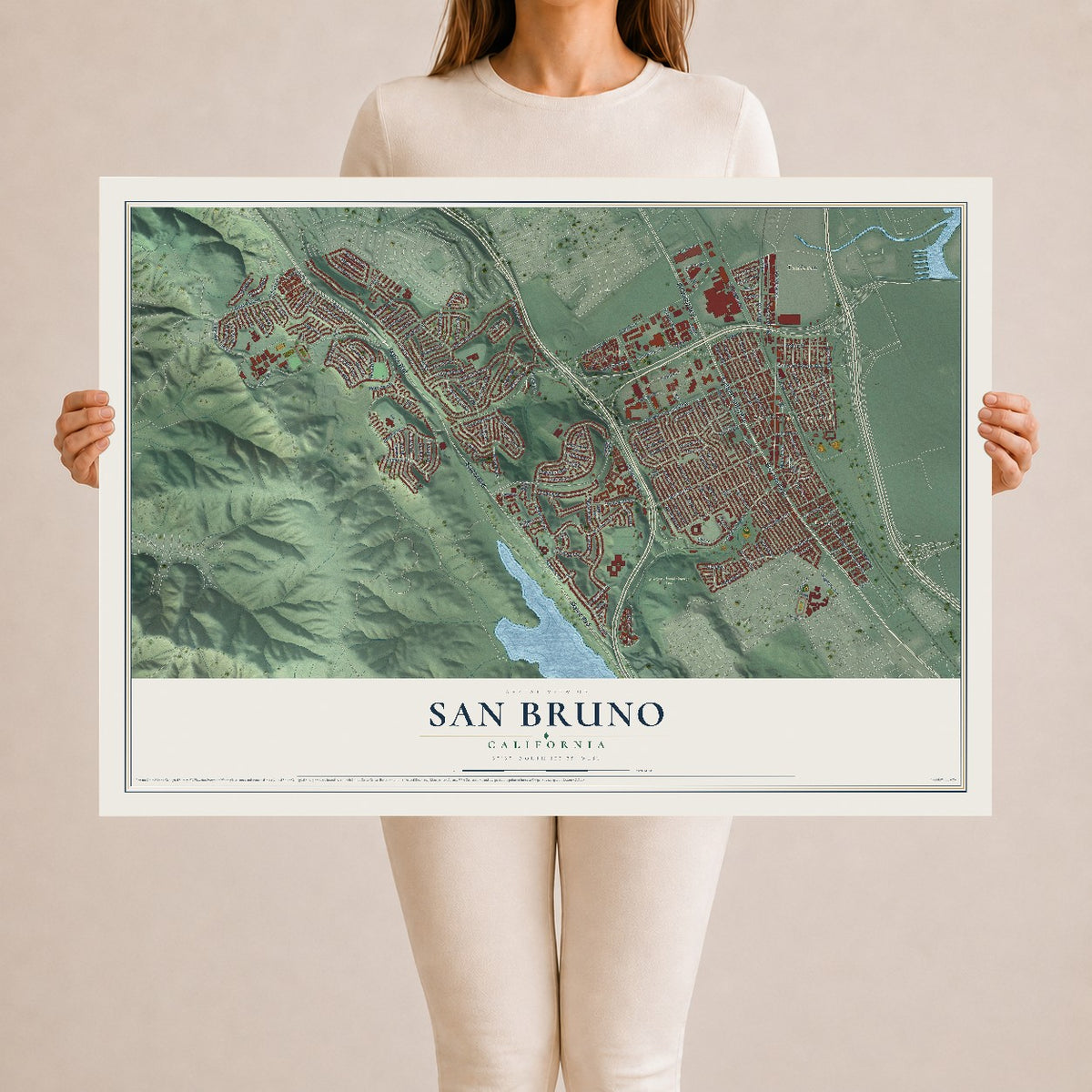 Map of San Bruno, California, 24 x 36 inch unframed archival matte print