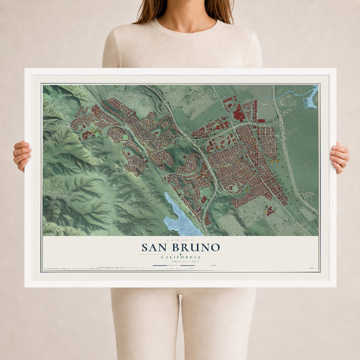 Map of San Bruno, California, 24 x 36 inch print in a white wood frame