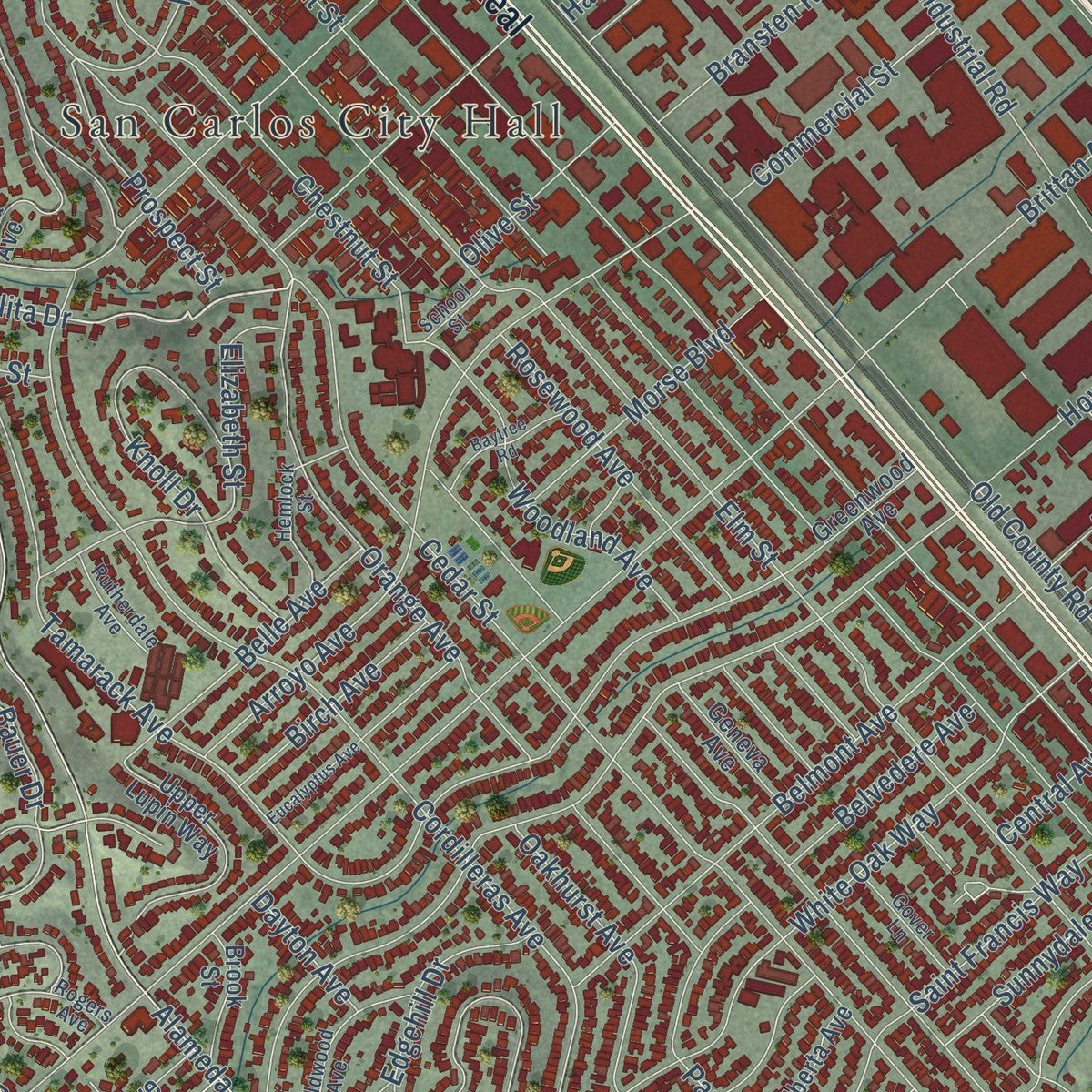 Close-up of the map of San Carlos, California print showing street and building detail