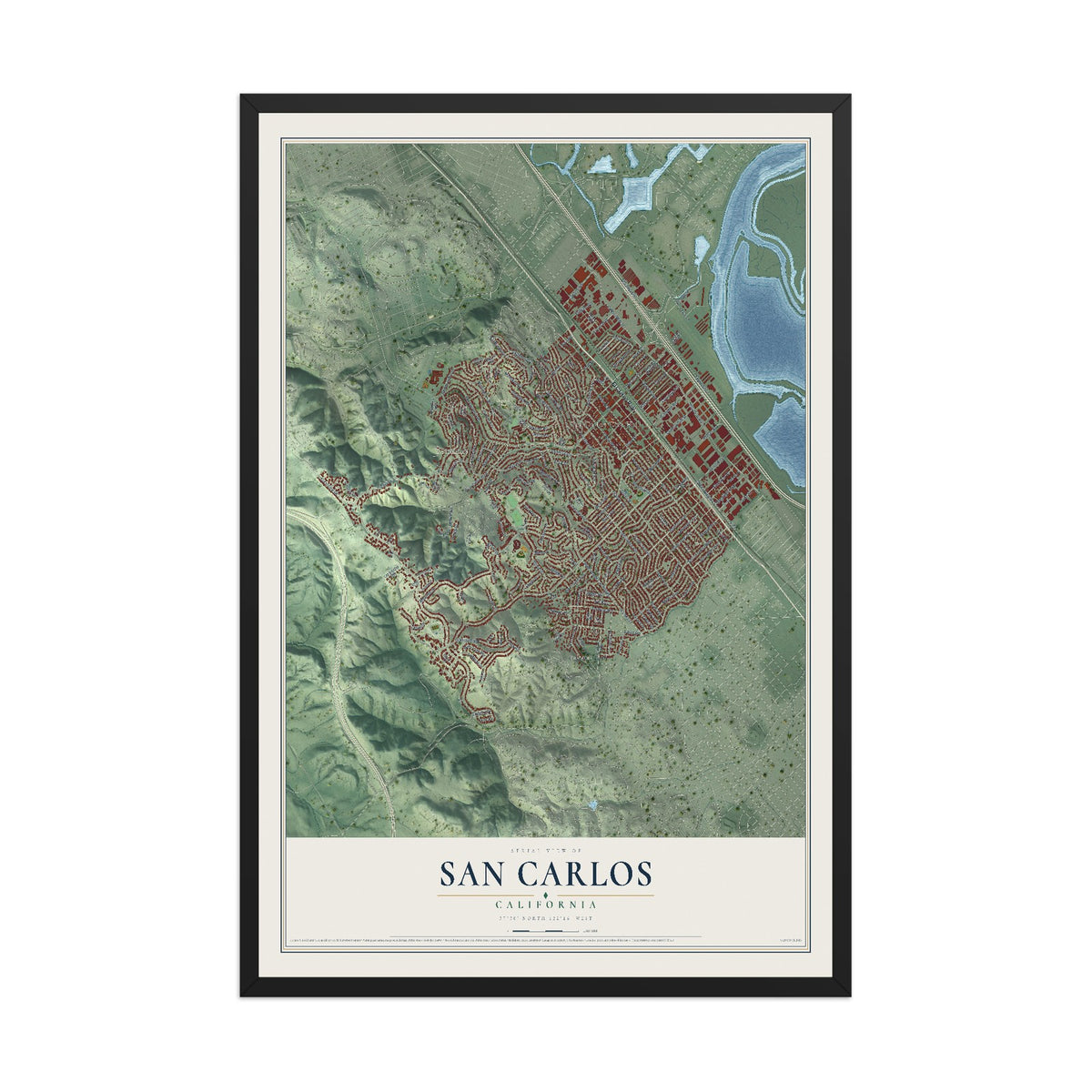 Map of San Carlos, California, 12 x 18 inch print in a black wood frame