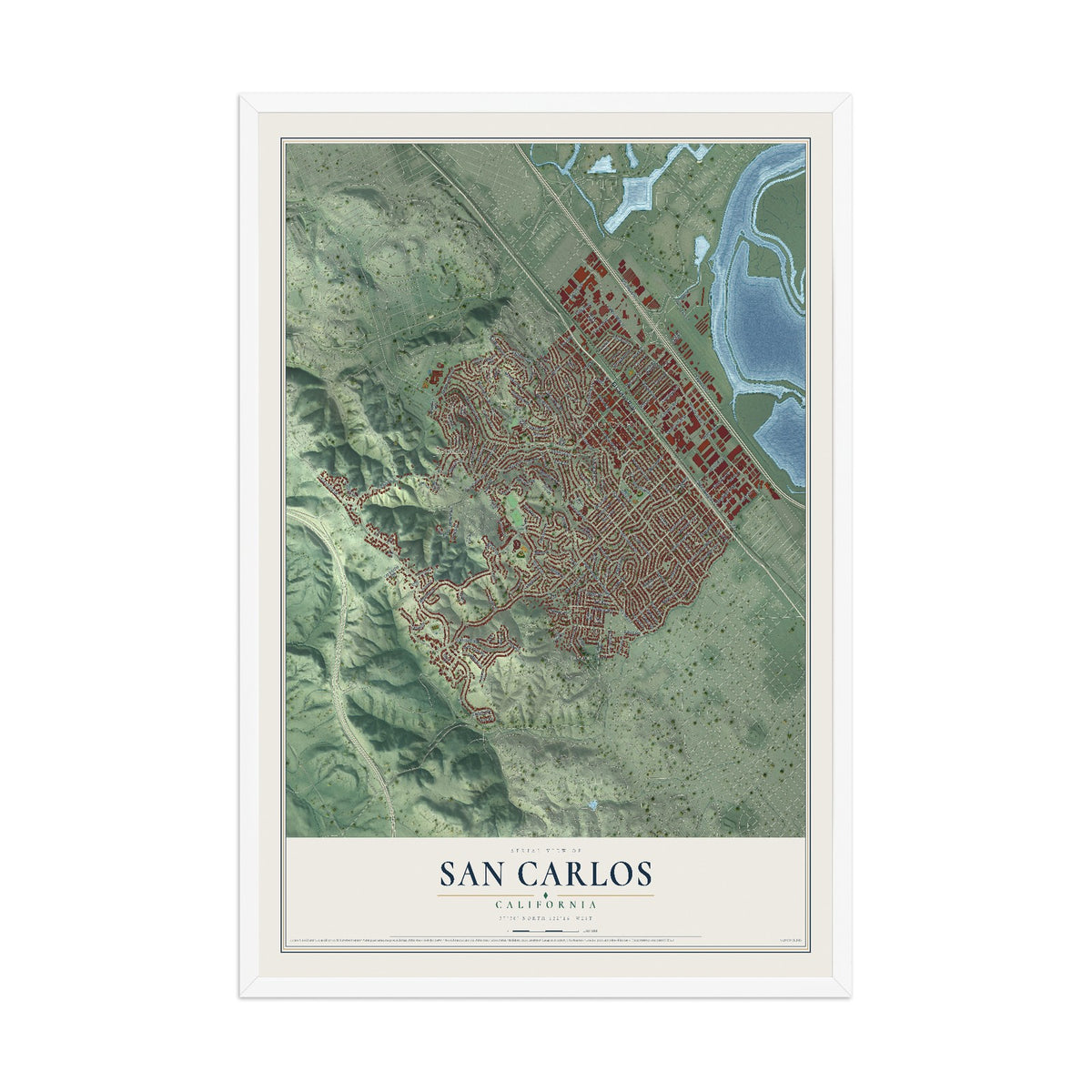 Map of San Carlos, California, 12 x 18 inch print in a white wood frame
