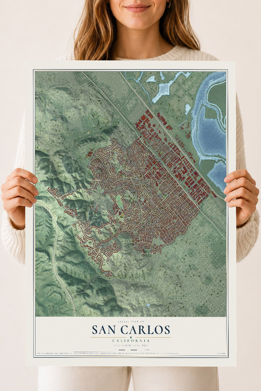 Map of San Carlos, California, 18 x 24 inch unframed archival matte print
