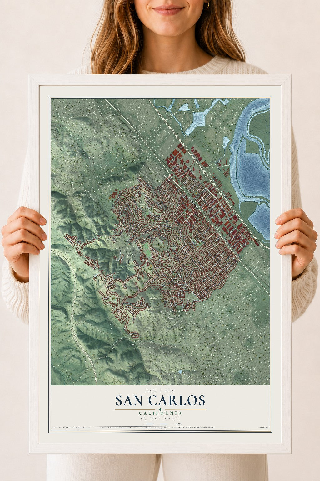 Map of San Carlos, California, 18 x 24 inch print in a white wood frame